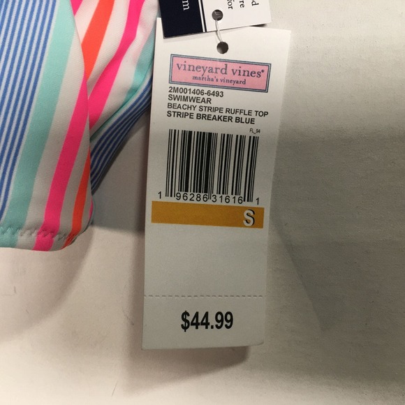 Vineyard Beachy Stripe Ruffle Swim Top, Women's Size S - Breaker Blue/Multi - Picture 4 of 7